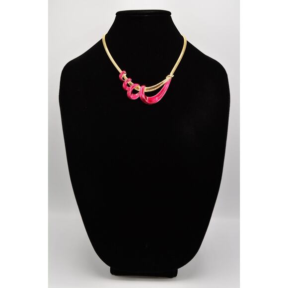 Vintage Collar Necklace Magenta Red Enamel Gold Flex Omega Chain Chunky Bin2C - Picture 3 of 12